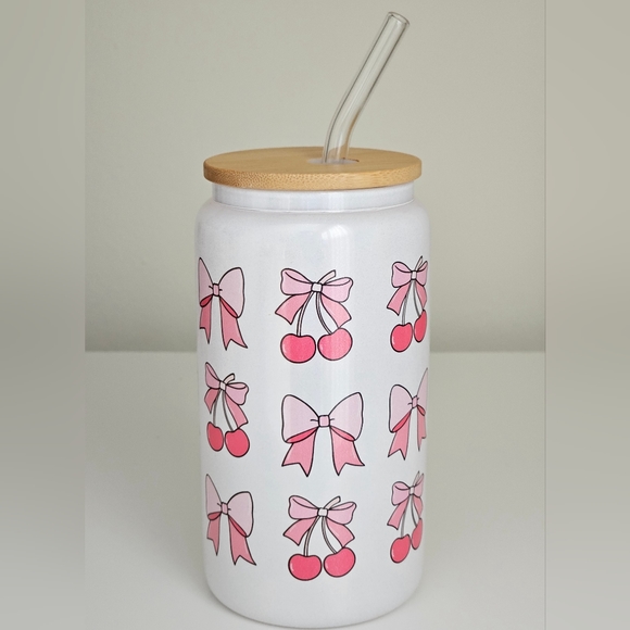 Coquette Bow Iridescent Shimmer White Glitter Beer Can Glass Cup - Picture 3 of 4